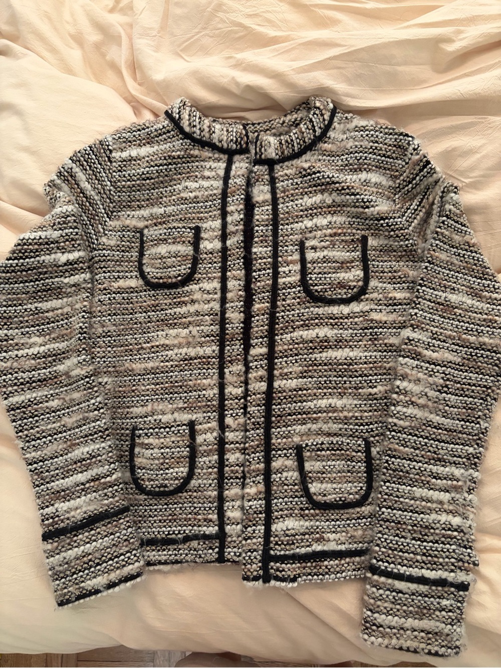 Ann Taylor Loft Textured Knit Bouclé Jacket in Black/Cream/Gold